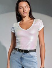 Футболка облегающая из хлопка в рубчик с V вырезом и матовым покрытием металлик  D49.121 (129431)