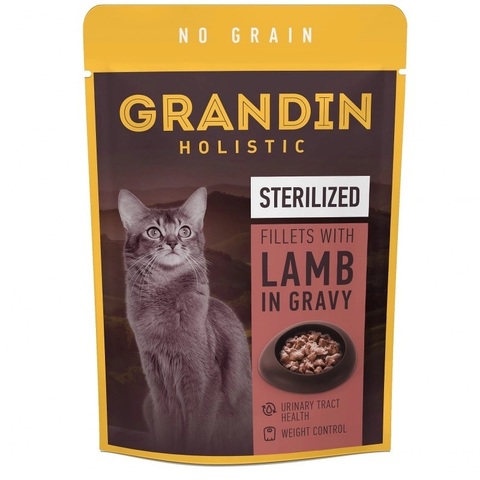 Grandin holistic Влажный корм для стерилизованных кошек, кусочки с ягненком в соусе без злаков, 85г