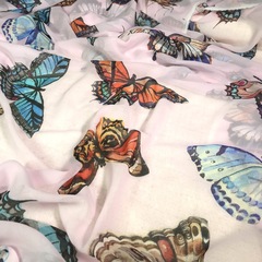 Ткань    шифон шелковый розовый с бабочками большими 1126