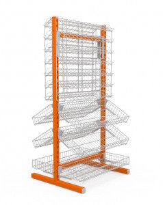 Стойка  Евромаркет  двухсторонняя (6 корзин + 2 наклонных блока 7 полок) (ДхГхВ) 736х650х1500