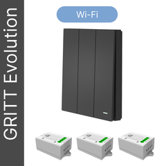 Умный беспроводной выключатель GRITT Evolution 3кл. антрацит комплект: 1 выкл. IP67, 3 реле 1000Вт 433 + WiFi с управлением со смартфона, EV221330BLWF