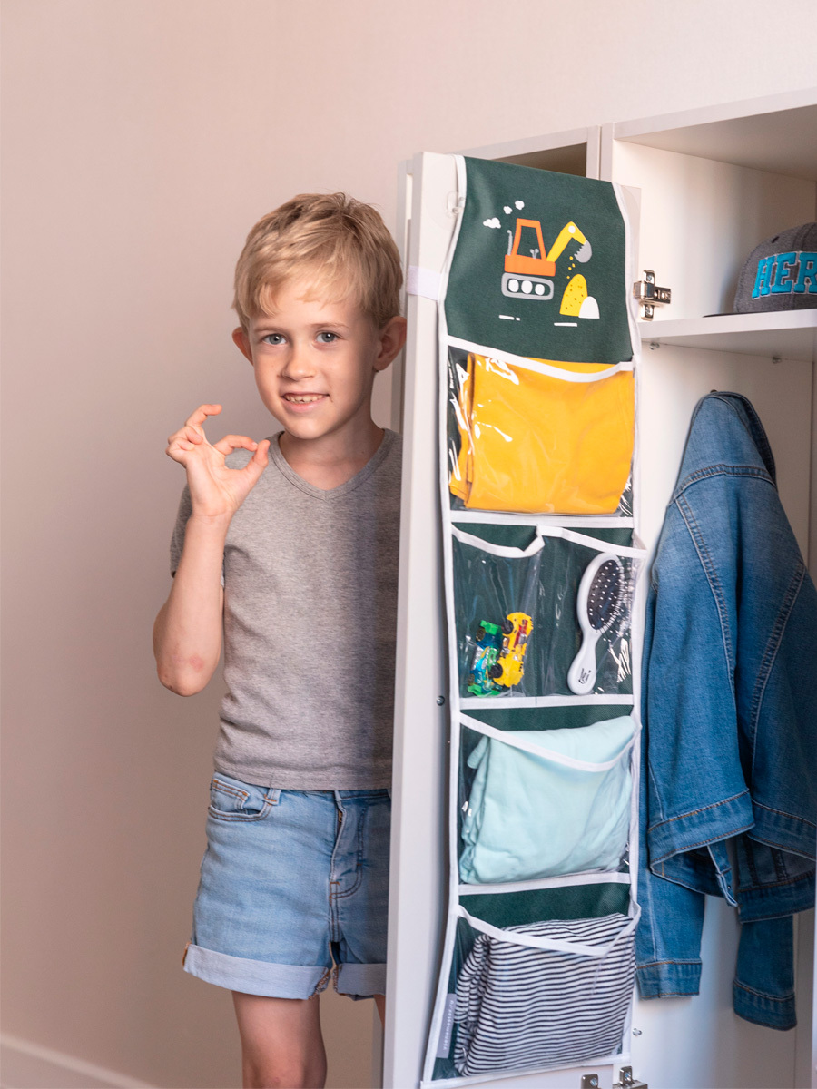 Кармашки в садик для детского шкафчика 85х24 см, Экскаватор (Зеленый)
