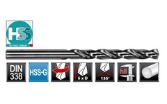 Сверло по металлу ц/х 0,3x19/3мм DIN338 h8 5xD HSS-G 135° H-Tools 1040-1003