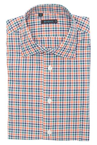 Ярко оранжево-синяя рубашка с геометрическим рисунком из мелких кружков и квадратиков