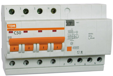 Диф.автомат АД14 4Р 50А 30мА TDM