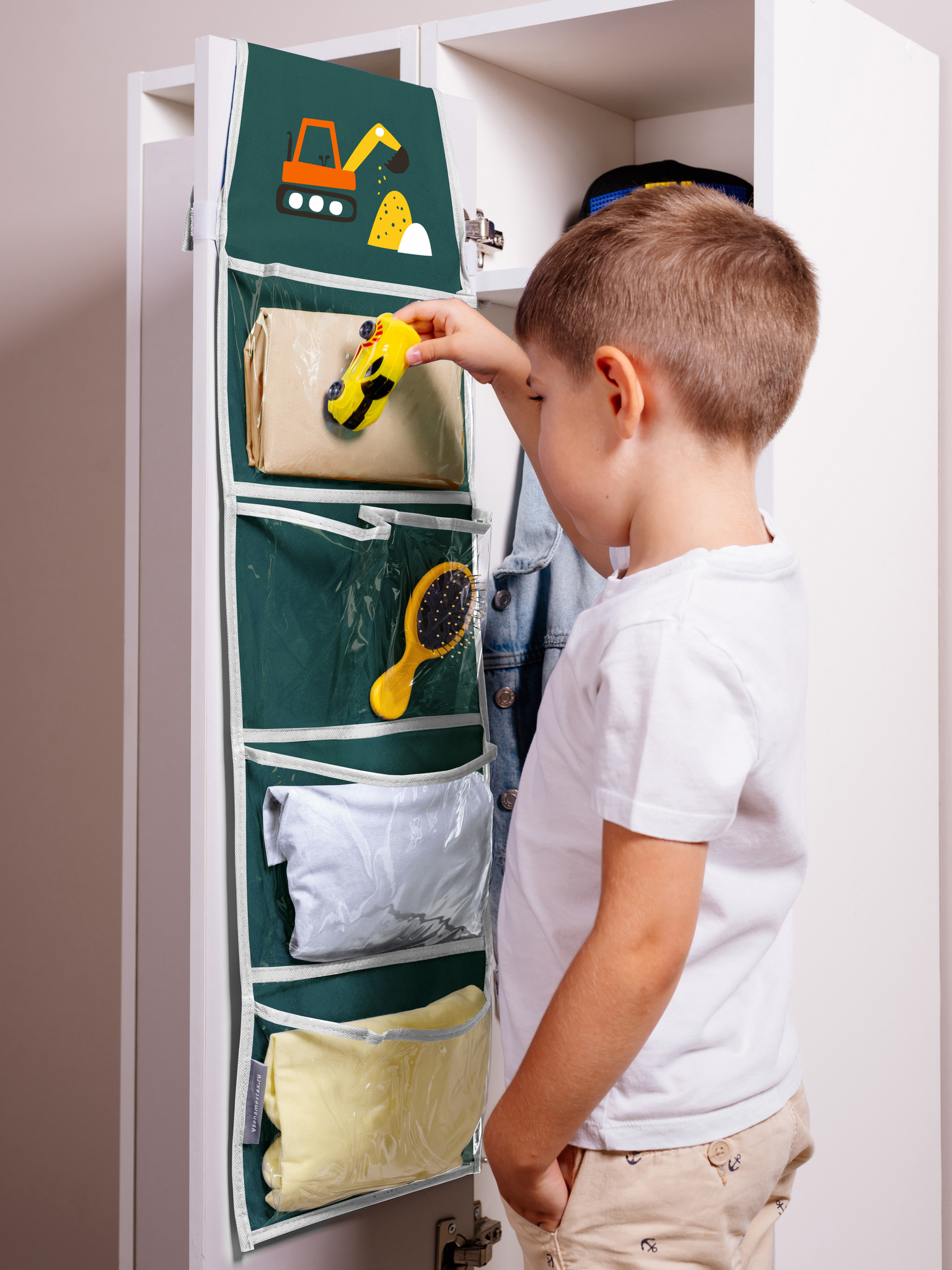 Кармашки в садик для детского шкафчика 85х24 см, Экскаватор (Зеленый)