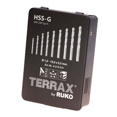 Набор сверл по металлу 1-10мм 19шт DIN338 HSS-G 118° (мет. кейс) Terrax by Ruko A214214