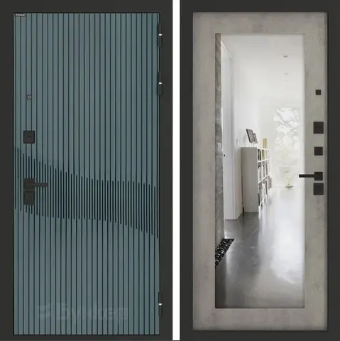 Входная металлическая дверь с зеркалом Бункер B-13 Веллюто верде / зеркало в рамке ФЛЗ - 603 Бетон светлый