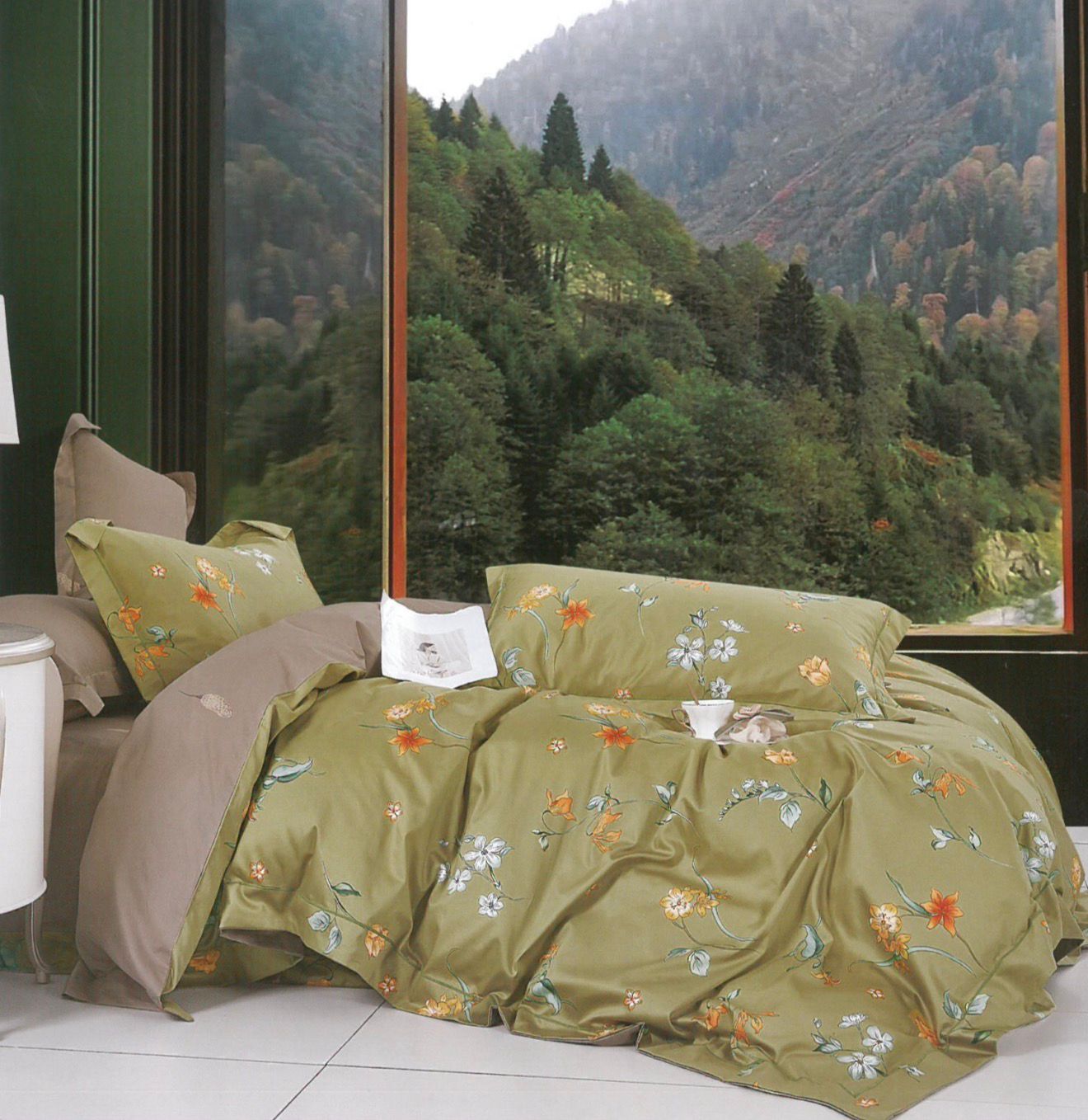 Комплект Семейный (2 пододеяльника) 100% Хлопок Сатин Оливковые Цветы