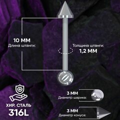 Штанга 10 х 1,2 мм с внешней резьбой 316L с конусом и шариком