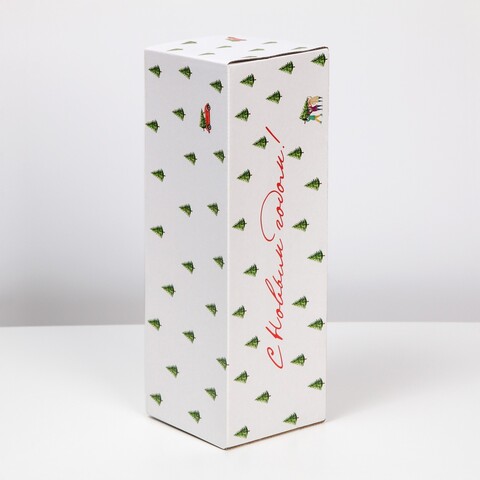 Коробка складная одиночная под бутылку «С Новым годом» Елочки, Белый, 33,6*12*12 см, 1 шт.