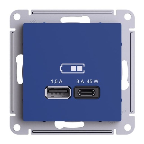 Розетка зарядное устройство USB 2 разъёма тип - A/C 45 Вт c протоколом QC, PD. Цвет Аквамарин. Schneider Electric AtlasDesign. ATN001129