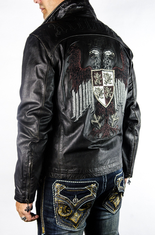 Affliction | Куртка мужская кожаная War Leather Jacket Black A884 с гербом левый бок