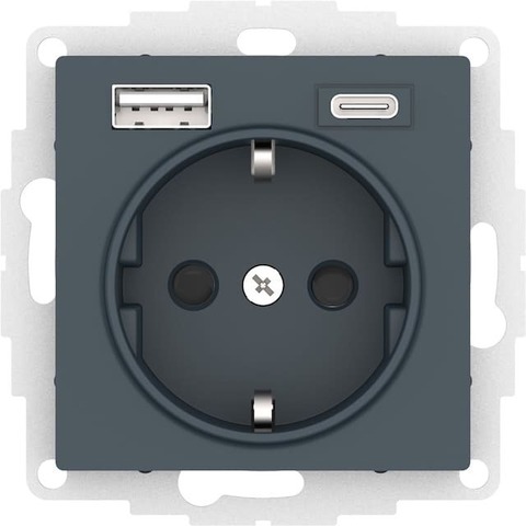 Розетка электрическая с USB зарядкой 2R+З/USB тип A и C  250В 16А / 5В 3А. Цвет Изумруд. Schneider Electric AtlasDesign. ATN000832