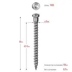ЗУБР СПК, 50 х 5 мм, TX20, цинк, 170 шт, саморез для перфорированного крепежа, Профессионал (30061-50-50)