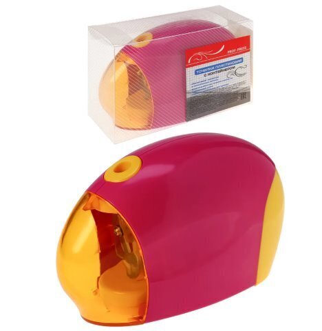 Точилка электрическая 1 отверстие с контейнером, розово-желтая, блистер