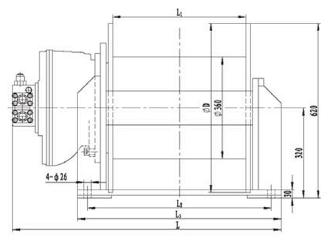 Гидравлическая лебедка IYJ4-50-92-18-ZP с тяговым усилием 5 тс и тросом 92 м (габаритные размеры)