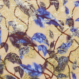 Кремово-бежевый жаккардовый шифон в лианах с синими листьями