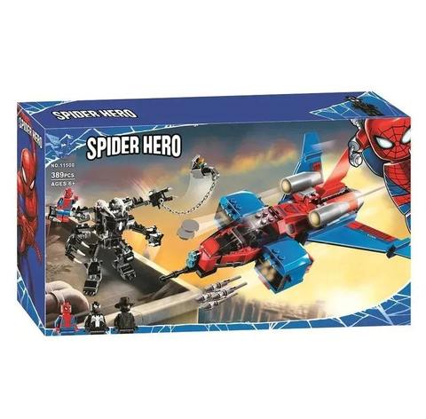Конструктор Super Heroes Spider Man Реактивный самолёт Человека-Паука против Робота Венома 11500, 389 дет.