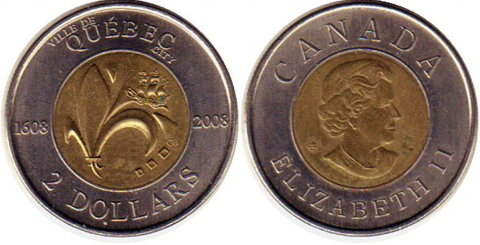 2 доллара 2008 год. Канада. Квебек. Биметалл. UNC
