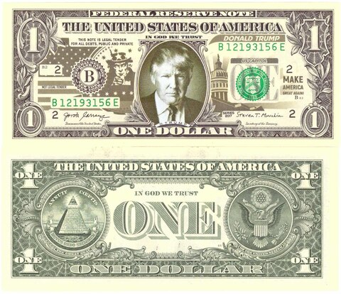 1 доллар - Дональд Трамп. UNC (принт на оригинальной банкноте)