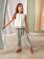 Топ с вышивкой и брюки в комплекте для девочки Next AB1-570, Молочный, Хаки