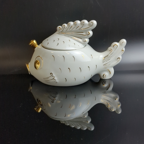 Икорница "Рыбка" фарфор, роспись, золочение, Сысерть, Сысертский фарфоровый завод, винтаж СССР 1970-1980 гг