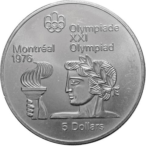 5 долларов. XXI летние Олимпийские Игры, Монреаль 1976 - Атлет с факелом. Канада. Серебро. 1974 г. AU