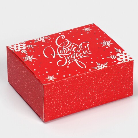 Коробка складная одиночная Прямоугольник «С Новым годом» Снежинки, Красный, 12*10*5 см, 1 шт.