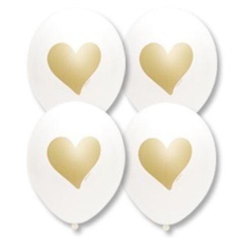 Шары белые пастель с рисунком Золотые сердца, 36 см