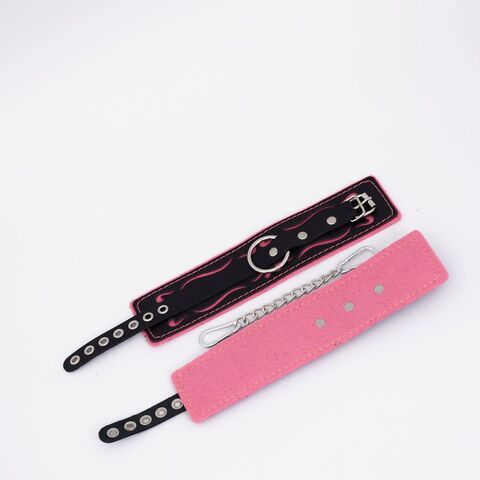 Черно-розовые кожаные оковы с розовой строчкой - Crazy Handmade CH-2502