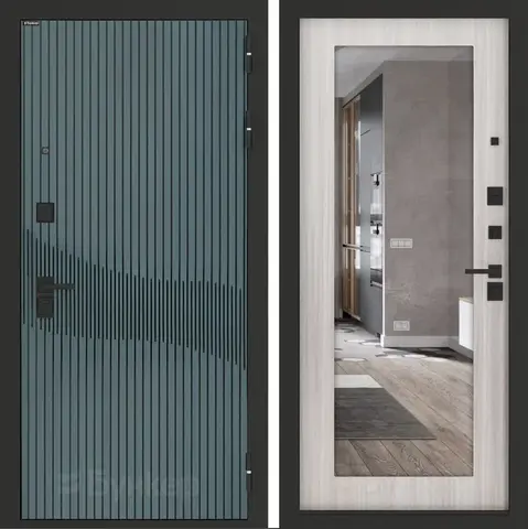 Входная металлическая дверь с зеркалом Бункер B-13 Веллюто верде / зеркало в рамке ФЛЗ - 603 Сандал белый