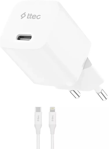 Зарядное устройство TTEC SmartCharger GAN 20W USB-C PD Travel Fast Charger с кабелем USB-C-Lightning. Длина кабеля: 150см, белый