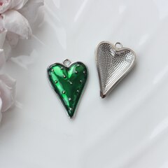 Подвеска с Сердце с зелёной эмалью, 34*23 мм, родий, П885
