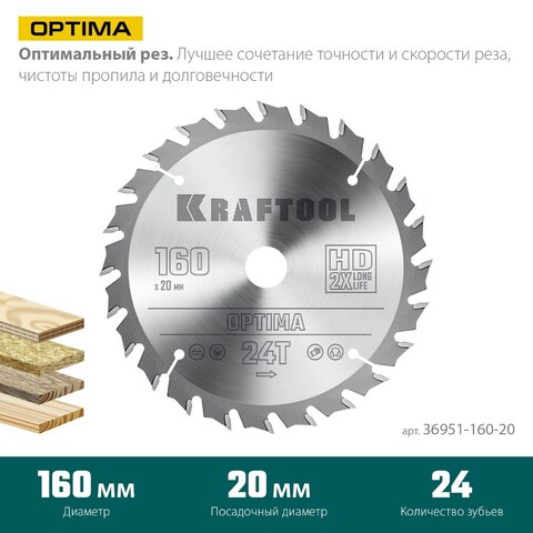 KRAFTOOL Optima 160х20мм 24Т, диск пильный по дереву