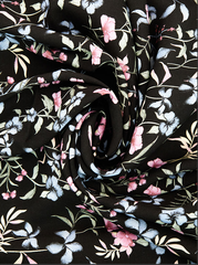 Ткань штапель принт Цветы мелкие розовые, синие на черном, 105 гр/м, ш. 142 см