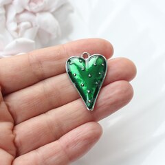 Подвеска с Сердце с зелёной эмалью, 34*23 мм, родий, П885