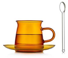 Стеклянная чашка янтарного цвета с блюдцем и ложкой, 200 мл