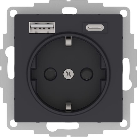 Розетка электрическая с USB зарядкой 2R+З/USB тип A и C  250В 16А / 5В 3А. Цвет Карбон. Schneider Electric AtlasDesign. ATN001032