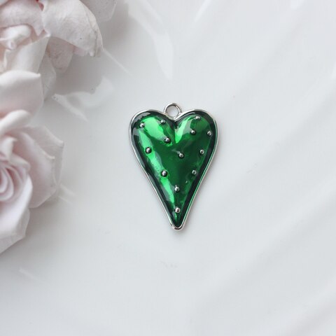 Подвеска с Сердце с зелёной эмалью, 34*23 мм, родий, П885