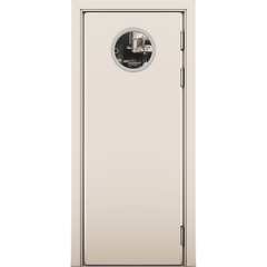 Купить Межкомнатная маятниковая влагостойкая дверь кремовая остеклённая с иллюминатором