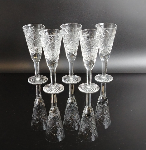 Фужеры для шампанского набор из 5 штук, алмазные грани, геометрический орнамент, 13 см, винтаж СССР 1970-1990 гг