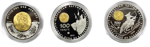 Набор из 3 монет "Великие полководцы: Чингиз Хан, Аттила и Томирис" 100 тенге. 2008-2010гг