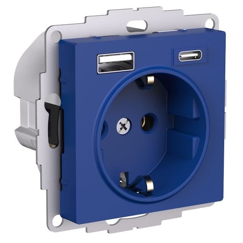Розетка электрическая с USB зарядкой 2R+З/USB тип A и C  250В 16А / 5В 3А. Цвет Аквамарин. Schneider Electric AtlasDesign. ATN001132