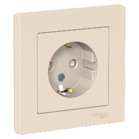 Розетка с заземлением со шторками, 16А, в сборе. Цвет Бежевый. Schneider Electric AtlasDesign. ATN000244