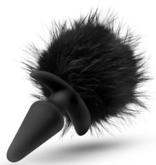 Силиконовая анальная пробка с чёрным заячьим хвостом Bunny Tail Pom Plug - 12,7 см. - 