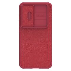 Кожаный чехол книжка красного цвета от Nillkin для Samsung Galaxy S23, серия Qin Pro Leather с защитной шторкой для камеры