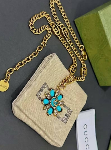 Колье цепочка с подвеской цветок голубые вставки style by GUCCI