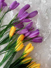 Крокусы-подснежники искусственные, Желто+малиновый ПЫШНЫЙ микс, 35 см, более 90 бутонов в наборе, набор 3+3 букета, всего 6 букетов.