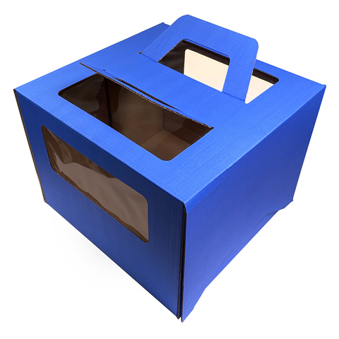 Коробка для торта 28*28*20 см, Голубая, с ручками и окнами